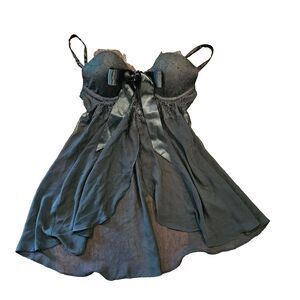 Black Sheer Lace Babydoll 36B Bow Flyaway Nightie Romanticcore Coquette Boudoir
